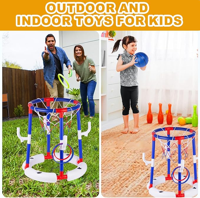 Taotuo Blue Floating Pool Basketball Hoop, 2-in-1 Basketball & Ring Toss Game with 4 Balls, 6 Rings&Pump, Summer Pool Toys Outdoor Water Fun Family Party for Age 3-12