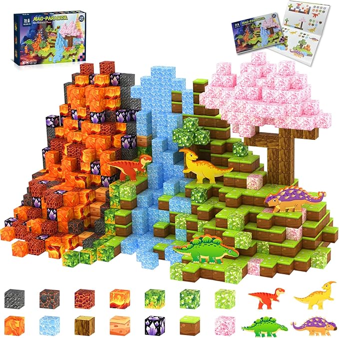 158PCS Magnetic Blocks- 1Inch Magnetic Cubes 3D Dinosaur World for Kids STEM Construction Toys - Learning Educational Magnetic Building Blocks for Boys & Girls Ages 3 -12 Christmas Birthdays Gifts