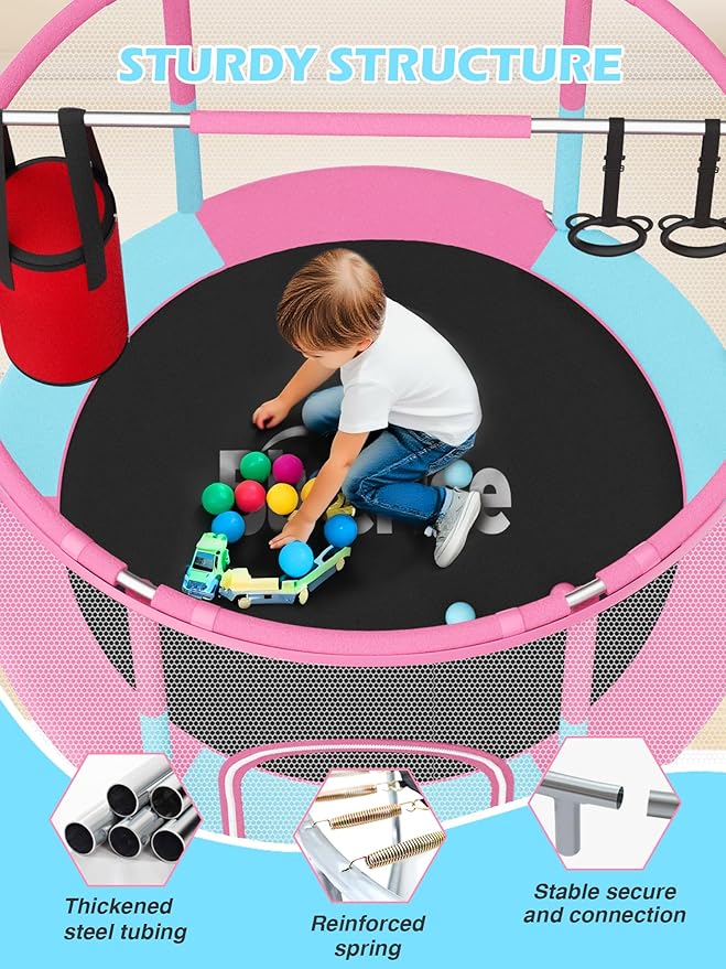 BLUERISE 55IN 6FT Toddler Trampoline for Kids Indoor Outdoor Play for Kids Trampoline Basketball Hoop Attachment with Enclosure Net Easy to Assemble