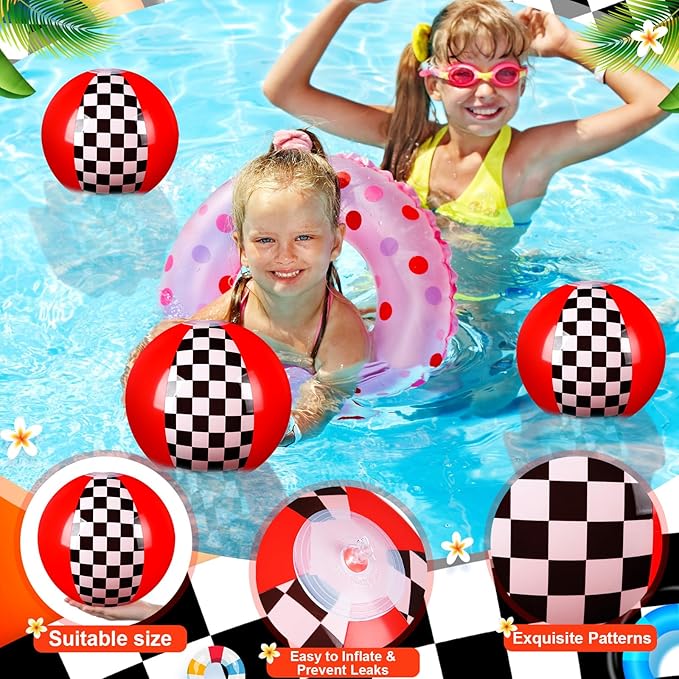 6 Pack Race Car Beach Ball for Kids 7.87" Bulk Inflatable Black and White Checkered Flag Swimming Pool Ball Toys Summer Beach Water Game Gifts Cartoon Birthday Party Favors Supplies