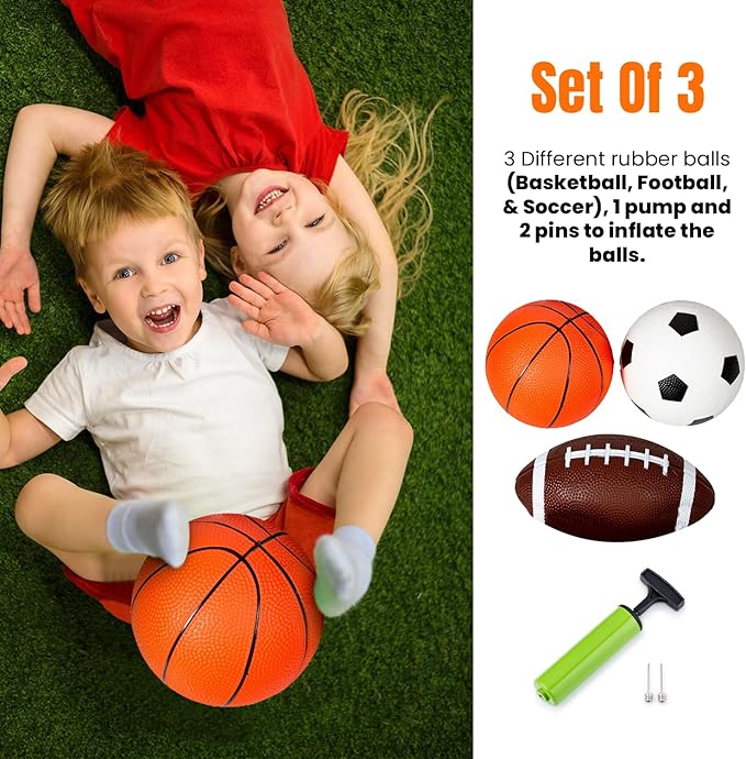 New Bounce Soft Sports Balls for Toddlers - Set of 3 5" Balls; Basketball, Football, and Soccer - Outdoor Playground Mini PVC Balls