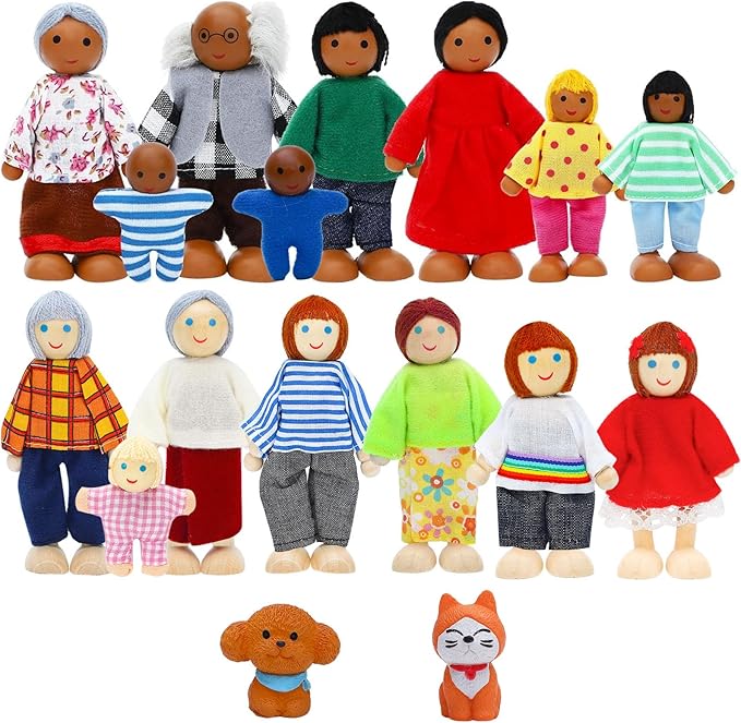 ONEST 17 Pieces Wooden Dollhouse Family Set Mini People Figures Dog Cat Sets Dollhouse Dolls Wooden Doll Family Pretend Play Figures Accessories for Pretend Doll House