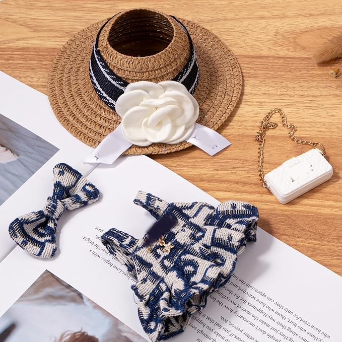 Doll Clothing Set (No Doll), Cute Cropped Straw Hat, Crossbody Bag, Dress, Suitable for 15-17cm Dolls, Outfit Accessory Set for Unique Styling (Blue-4PCS)