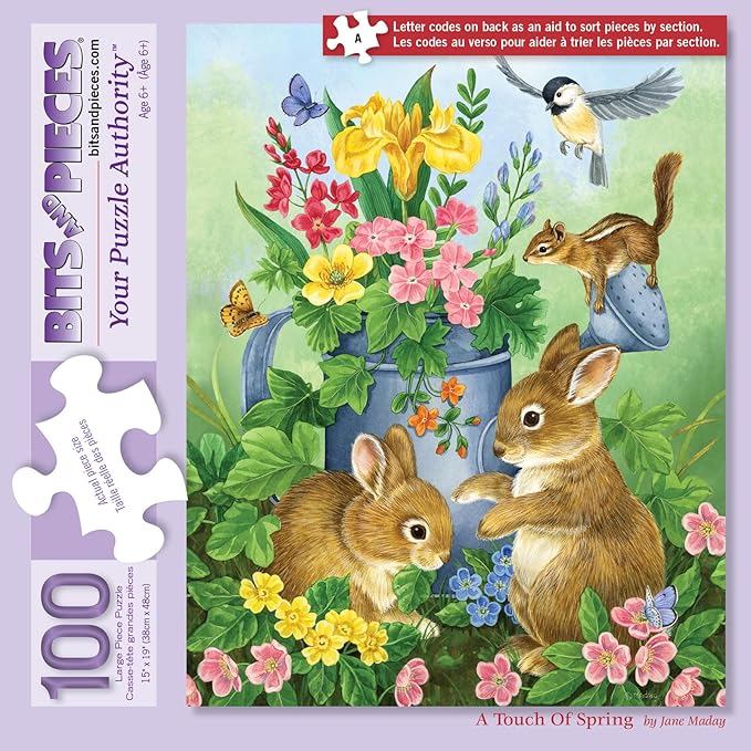 Bits and Pieces – 100 Piece Jigsaw Puzzle for Adults – A Touch of Spring by Artist Jane Maday - Cute Bunnies Jigsaw Puzzle, Completed Puzzle Size: 15" x 19"