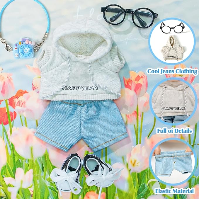 17cm Doll-Clothes-Outfit-Set,6PCS Casual Style Designer Doll Clothing Accessories for 17cm Dolls Boys-Hoody+Jeans+Small Camera+Glasses+Canvas Shoes(No Doll)