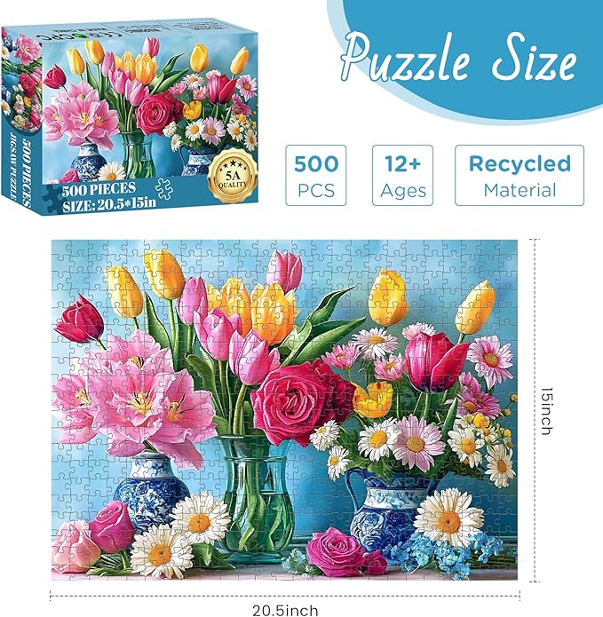500 Piece Puzzle for Adults, Beautiful Flower Puzzles for Adults Senior, Age 12+, Tulip Rose Jigsaw Puzzles 500 Pieces, Challenging Puzzle Perfect Game Nights for Family Friend 20.5 X 15 Inches