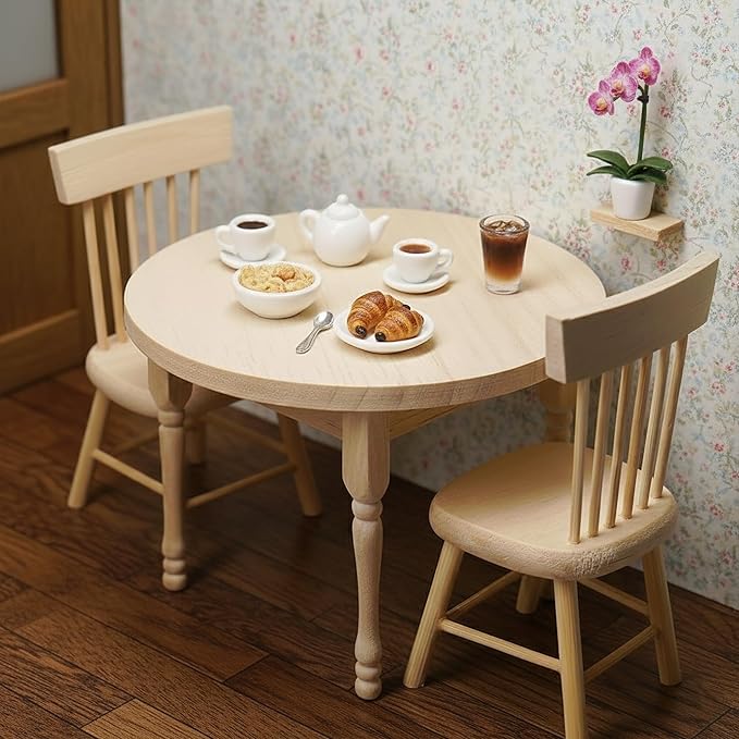 1/12 Miniature Dollhouse Round Table and 2 Chairs Dining Set, Mini Wooden Unpainted Burlywood Barbie Kitchen Furniture Accessories