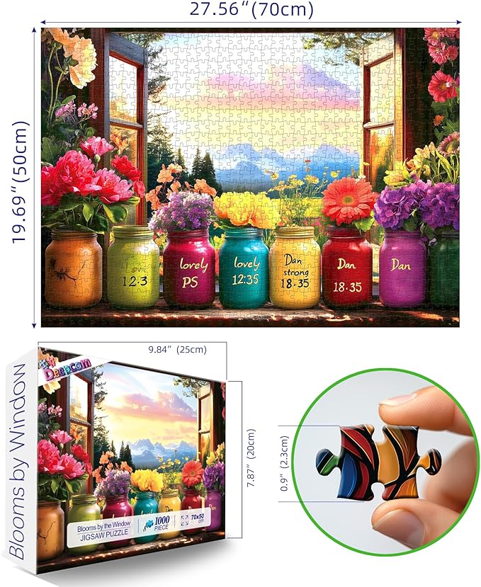 1000 Piece Jigsaw Puzzle for Adults, Colorful Mason Jars with Flowers and Sunset Mountain Landscape, 27x19 Inches Decorative Wall Artwork, Ideal for Stress Relief