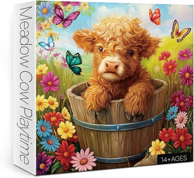 Highland Cow Sunflower Puzzle 1000 Piece for Adults, Colorful Flower Butterfly Jigsaw Puzzle, Animal Floral Scenery Puzzles