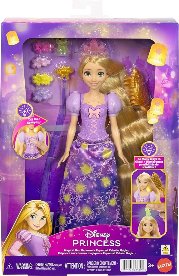 Mattel Disney Princess Rapunzel Fashion Doll w/Light-Up Hair & 4 More Ways to Glow, Pascal Figure & 7 Styling Accessories, Inspired by Tangled Movie