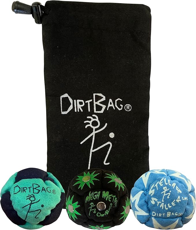 DIRTBAG All Star Footbag 3 Pack with Pouch, 100% Handmade, Premium Quality, Bright Vivid Colors, Signature Carry Bag