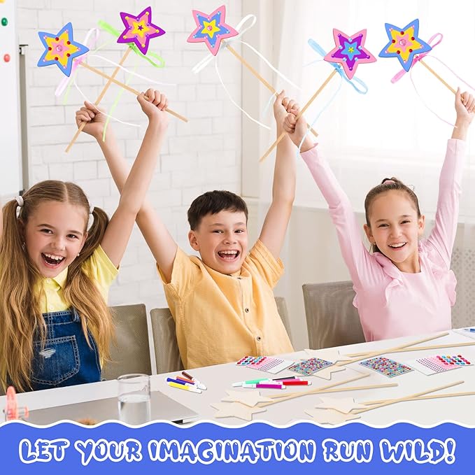 Chinco 57 Pcs Star Princess Fairy Wands Kit Make Your Own Princess DIY Art Craft Magical Wand Include 18 Star Wooden Fairy 9 Gem Stickers 20 Ribbons 10 Markers Party Supply