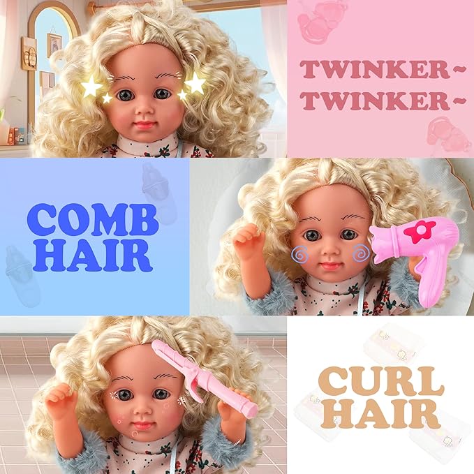 Baby Doll - SMIESSKIDDO 12" Interactive Baby Dolls with Hair Care Set & Sounds - Soft PVC Talking Babies Doll Toy Gift for Girls 2-6 Years (Comb, Mirror, Dryer, Rollers Included)
