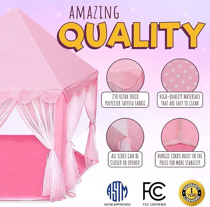 Orian Princess Tent for Girls - Kids Play Tent Indoor & Outdoor with Rug, Pink Toddler Castle Playhouse for Ages 2-7, 55” x 53”, Children’s Toys and Gifts