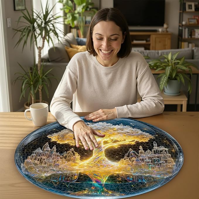 Round Jigsaw Puzzle 1000 Pieces - Tree of Life in Crystal Ball - 26.6" Fantasy Galaxy Design, Neon-Style Aesthetic Art, Mindful Activity Gift for Adults & Teens