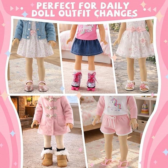 18 inch Doll Accessories, 5 Pairs of Doll Shoes+2 Socks 18” Doll Shoes Includes Snow Boots/Roller Skates/Sandals/Flip-Flops/Dance Shoes/Pink/Black Socks for American Doll Boy or Girl Dolls