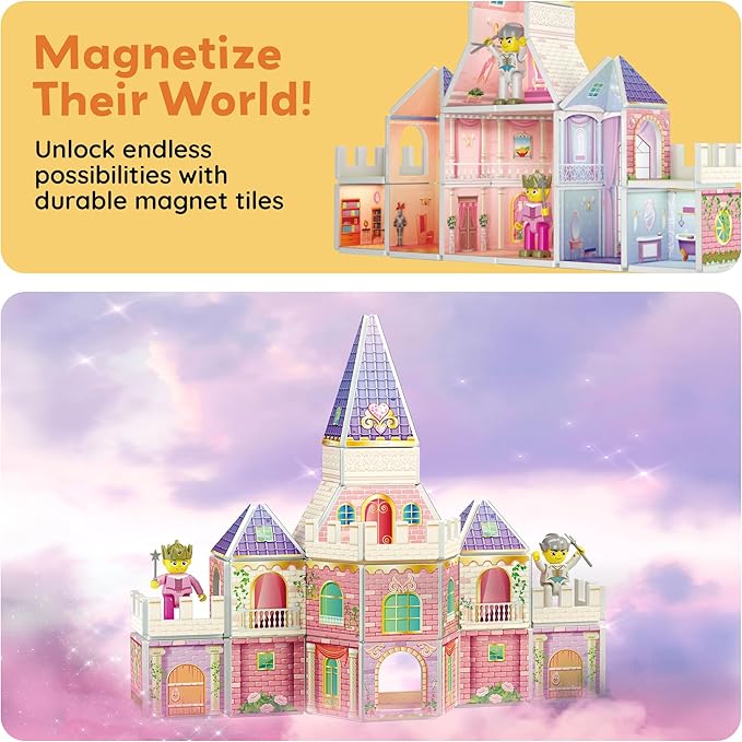PicassoTiles 60pc Magnetic Tile Princess Castle Building Set with Double Sided Printed Tiles 2 Character Figures STEM Educational Toy Kit for Kids Pretend Play Montessori Learning Ages 3 to 8 PTQ04