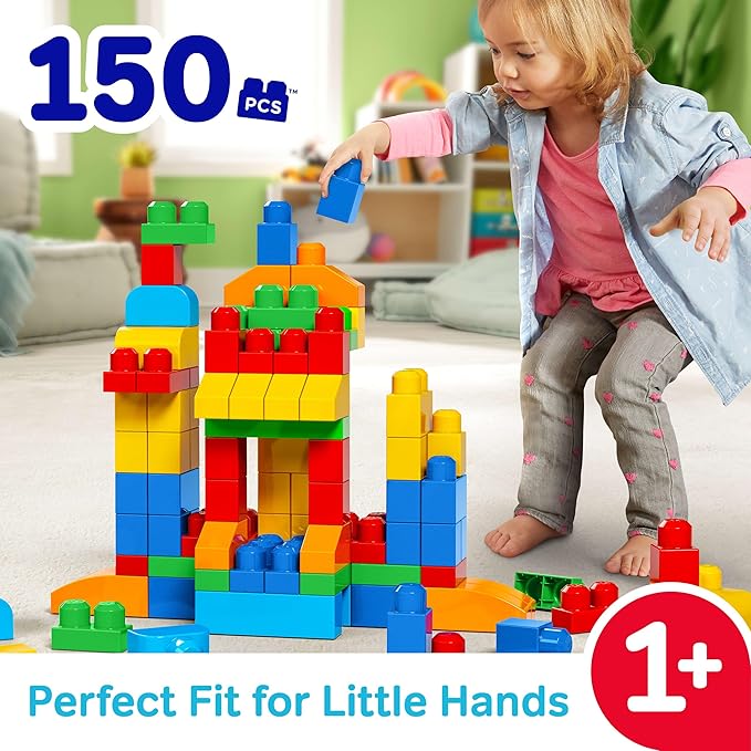 MEGA BLOKS First Builders Toddler Blocks Toys Set, Deluxe Building Bag with 150 Pieces and Storage, Creative Open-Ended Play, Blue, Ages 1+ Years (Amazon Exclusive)