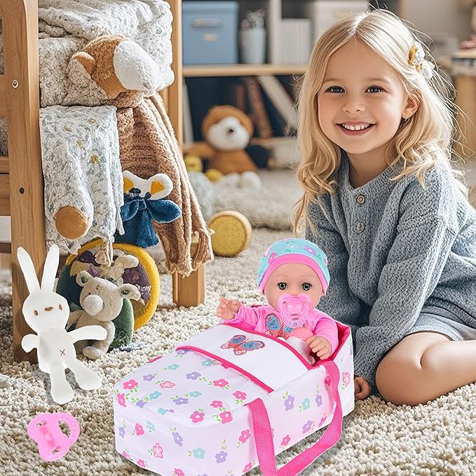 ebuddy 12 inch Baby Doll and Accessories-Reborn Baby Dolls Real Life Baby Dolls with 1 Sets Clothes,Carry Basket,Bunny Plush Toy,Pacifier, Bottle