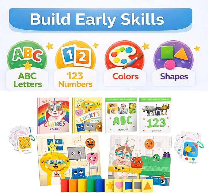 TOYVENTIVE Educational Books, Flash Cards, and Puzzles - Birthday Gifts for 1, 2, 3, and 4 Year Old Boys, Toddler Learning Toys and Activities