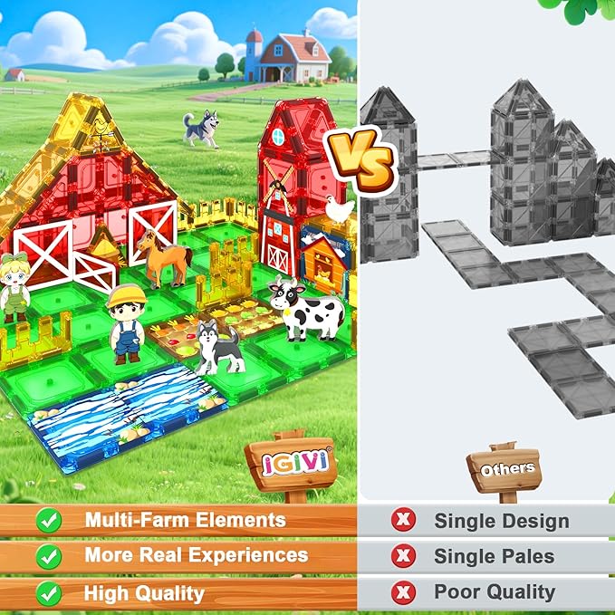 Magnetic Tiles Farm Animals Toddler Toys, STEM Magnet Building Blocks for Kids Ages 3-5 5-7 4-8, Preschool Montessori Sensory Toys Gifts for 3+ Year Old Boys & Girls