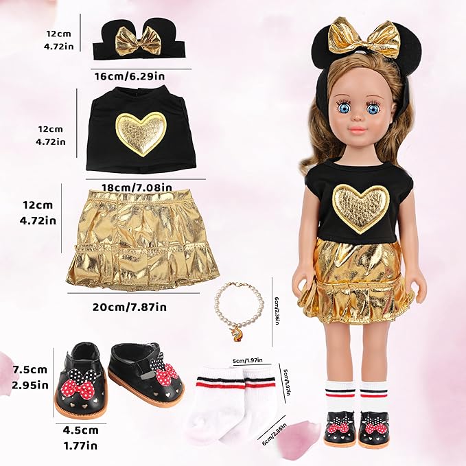 MSYO 18 Inch Doll Clothes and Accessories Set,Black Gold Heart Top & Metallic Gold Skirt Outfit with Mouse Ears Headband,Sunglasses,Socks,Shoes,Bracelet,Fits 16-18 Inch Baby Dolls(Gold)