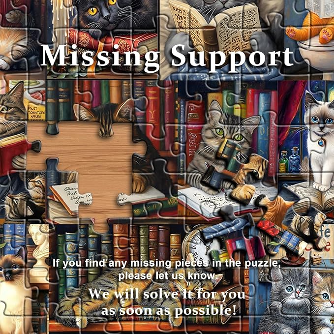 Vintage Cat Puzzles for Adults 1000 Pieces，PICKFORU Retro Cat Library Themed, Book Kitten Bookshelf Jigsaw Puzzles Collage Challenge