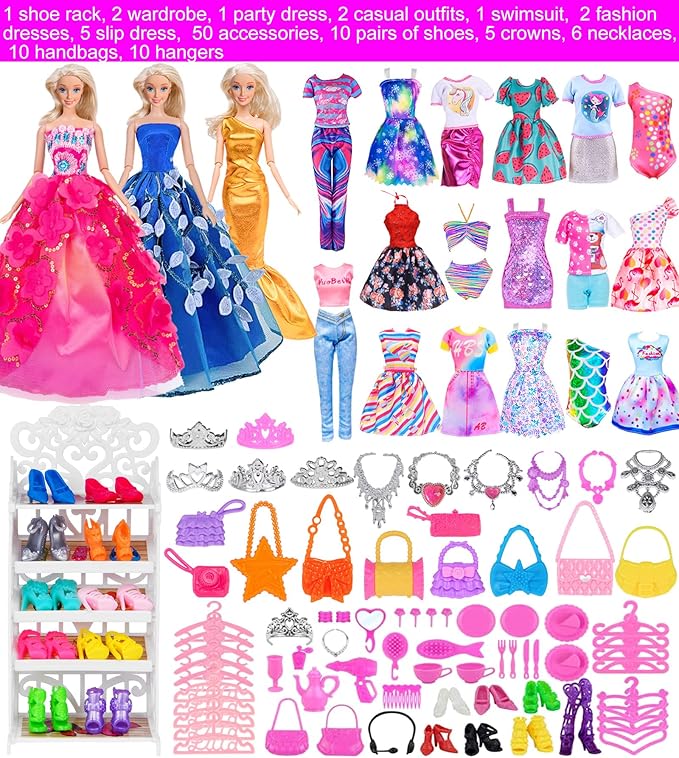 ebuddy 105 Pcs Doll and Closet Plyaset- Wardrobe Set Including One Doll,Wardrobe, Shoes Rack, Dress, Shoes Hangers, Necklace