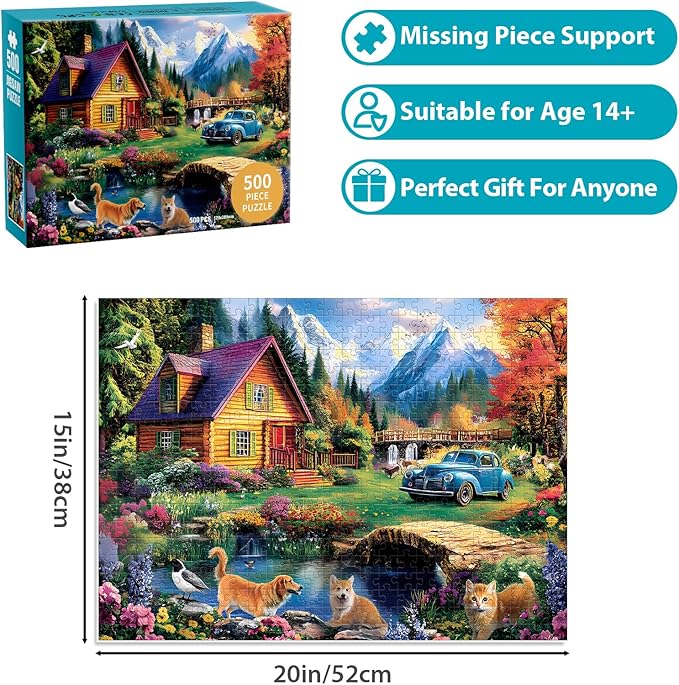 500 Piece Puzzles for Adults,Beautiful Country Cottage Jigsaw Puzzle for Adults Seniors,Recycled Cardboard Dogs Cat Puzzle 500 Piece,Family Activity Great Gift for Family Friends 20.5 * 15 inch