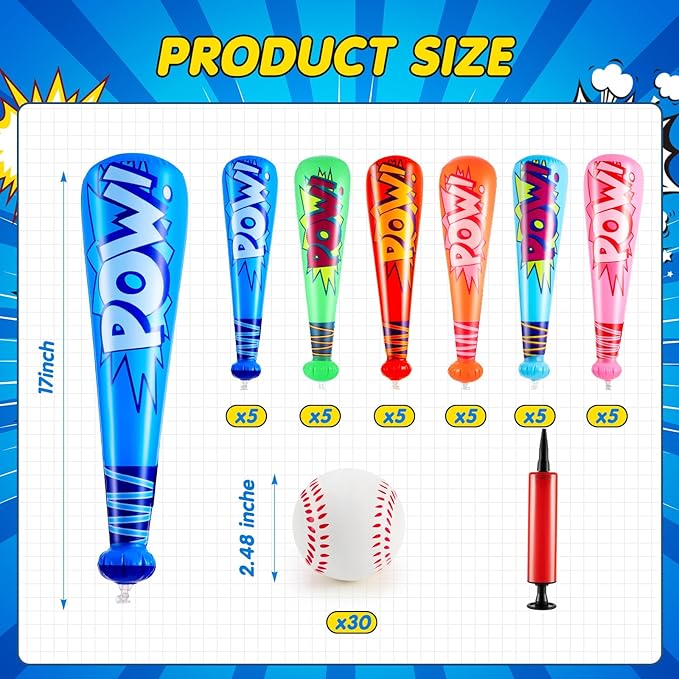 Seematn 30 Sets Inflatable Baseball Bats and Baseballs Set Includes 17 Inch Pow Inflatable Baseball Bats and 2.5 Inch Mini Foam Baseballs for Sports Party Favor Carnival Birthday (Bright Colors)