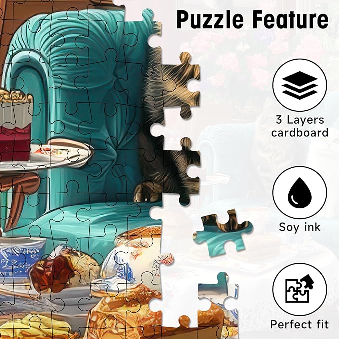 Cat Afternoon Tea Puzzles for Adults 1000 Pieces, Vintage Cat Jigsaw Puzzle with Letters on Back, 28x20 Inch Wall Art, Hard Challenging Family Game, Easter