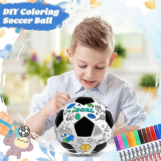 Size 4 Color Your Own Soccer Ball Black DIY Custom Craft Kit with Pump 12 Markers Personalized Youth Toddler Training Paint Your Own Toy Creative Gift for Kids (Black Soccer Ball, 4)