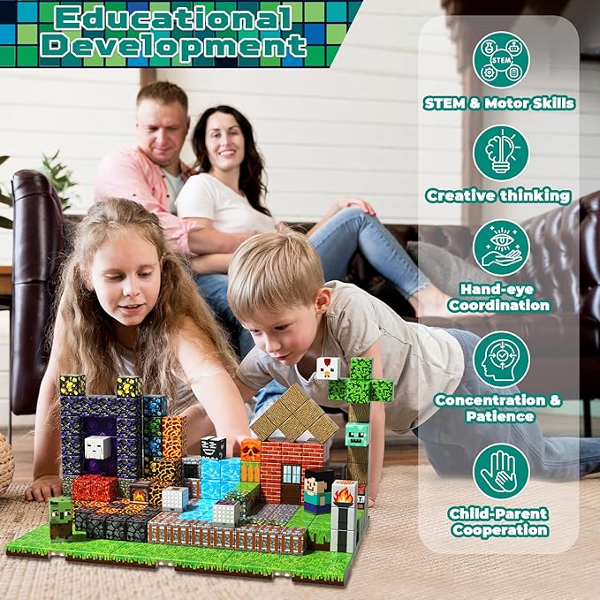 200PCS Magnetic Building Blocks with 6 Base Plate, Magnetic Blocks Cubes for Kids Ages 4-8, Stacking Magnet Blocks STEM Building Toys for Boys Girls Ages 3 4 5 6 7 8-12 Easter Birthday Gifts