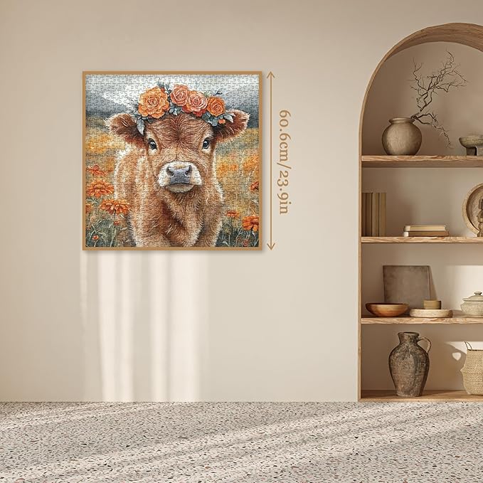 Funny Highland Cow Flower Puzzles for Adults 1000 Pieces, Beautiful Alpine Cattle Animal Painting Jigsaw Puzzle, Difficult Impossible Art Puzzles