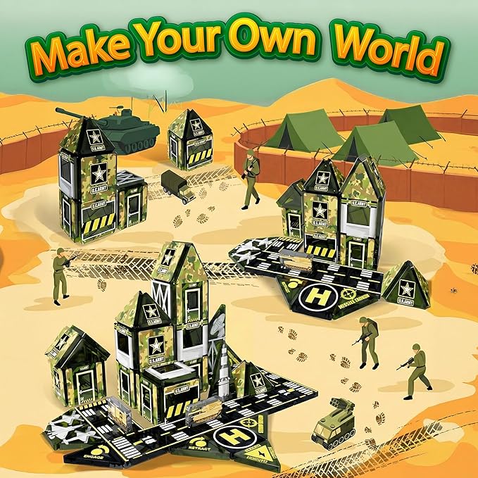42PCS Mini Magnetic Tiles Army Base Travel Set with Iron Box STEM Educational Military Building Blocks Magnetic Construction Toy for Kids Ages 3 to 8 Creative Gift for Boys and Girls
