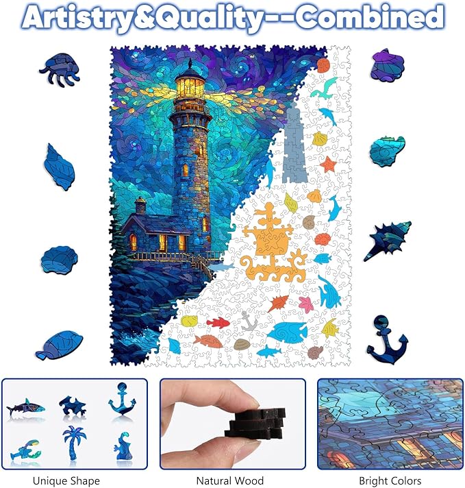 Leodozzio Lighthouse Wooden Jigsaw Puzzles 500 Pieces, Stained Glass Puzzle, 5MM Thick Unique Shaped Ocean Wooden Puzzle for Adults, Nautical Art Gift, Family Game, 12.2x16.1 Inch