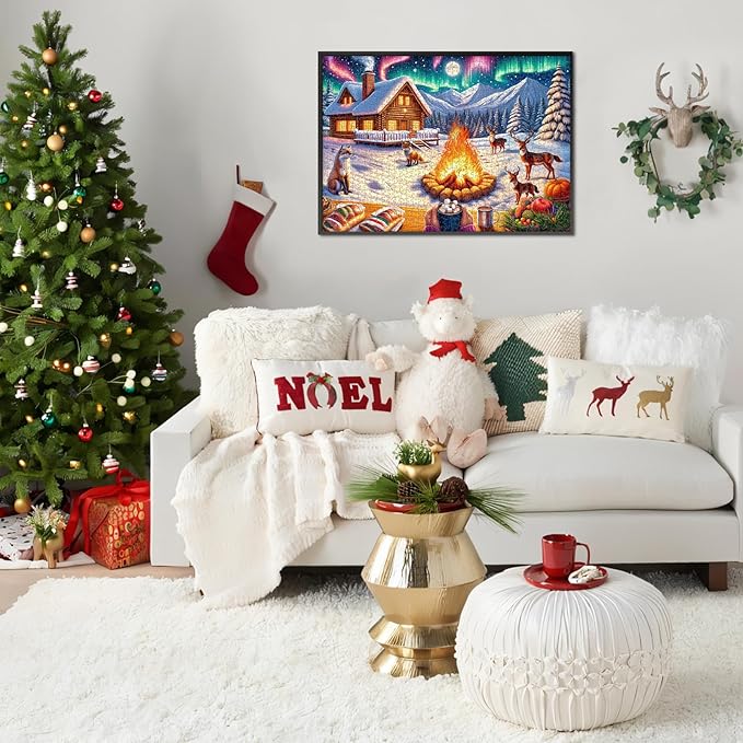 Rocorose Jigsaw Puzzles 1000 Pieces for Adults, Christmas Puzzle Winter Night Bonfire Evening Animal Funny Challenging Large Holiday Puzzles - Snowy Scene, Aurora, Christmas Tree, Fox, Deer