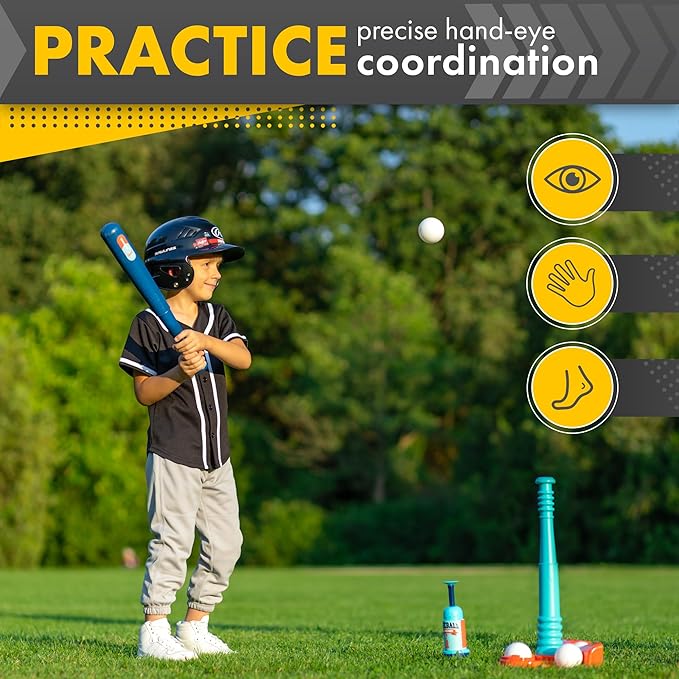 T Ball Stand for Kids and Toddlers 1-3, 3-5, 5-8. Baseball Set Includes 6 Large Balls, an Adjustable Tball Batting Tee, and a Pitching Machine. Kids Bat and Ball, T-Ball Sets for Kids