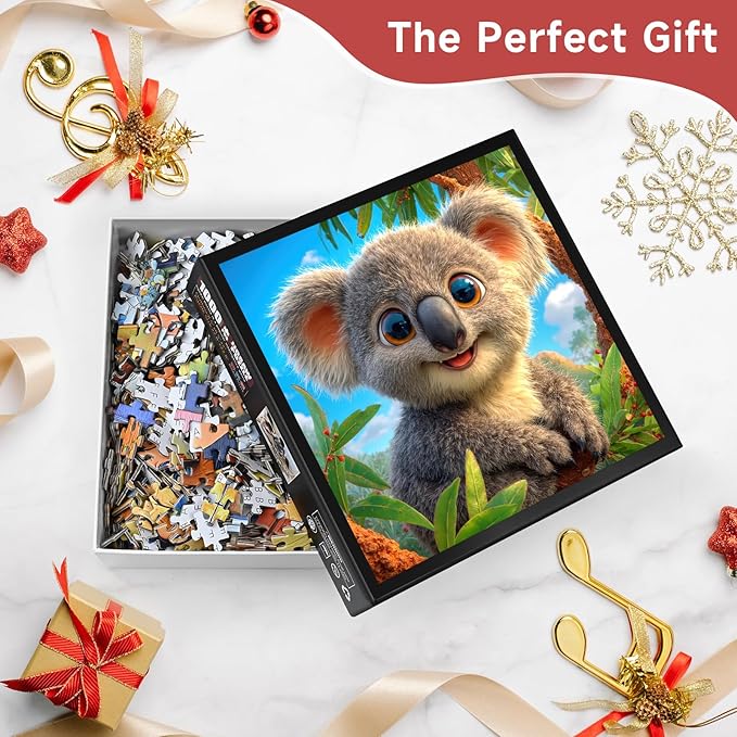 Adorable Koala 1000 Piece Puzzle for Adults - Cute Australian Wildlife Art, Eucalyptus Tree Scene, Poster & Lettered Back, 22.8" Square HD, Gift for Animal & Nature Lovers