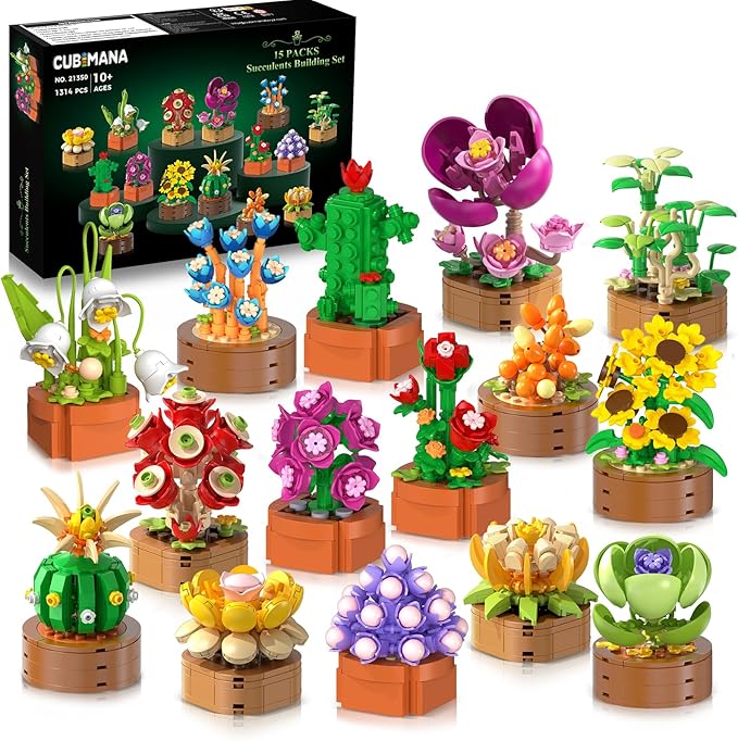 15 Pack Flowers Plants Mini Building Set - 1314PCS 3.6MM Flower Succulents Botanical Collection Block Toy for Home Office Décor, Easter Birthday Gifts for Adults Women Boys Girls 10+