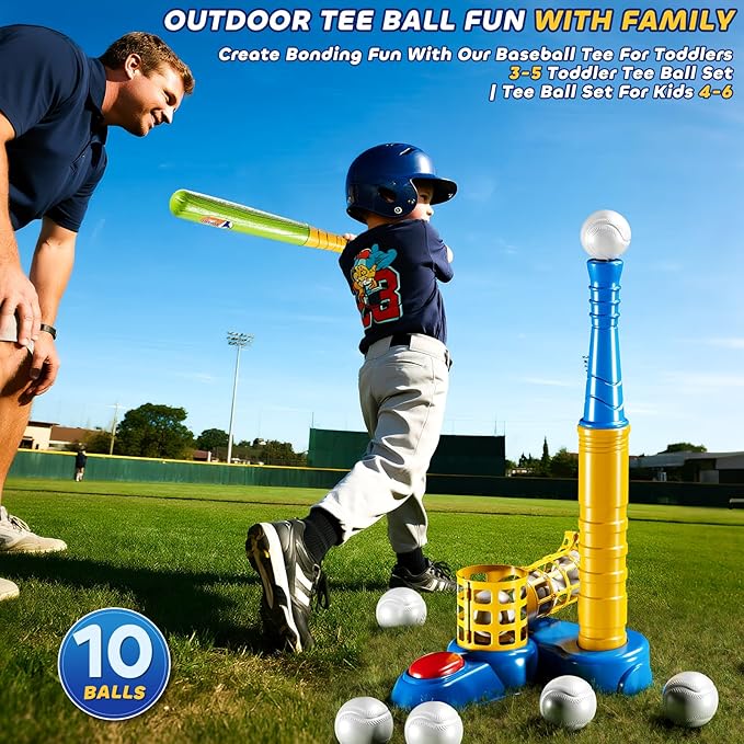 T Ball Sets for Kids 3-5, Baseball T-Ball Set with 10 Balls, Outdoor Sport Toy Games for 3-12 Year Old Boys Girls Toddlers, Training Batting Tee for Backyard and Lawn Play