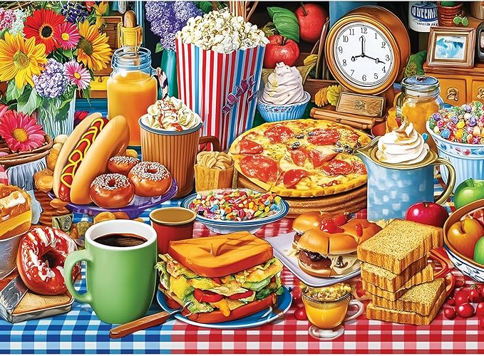 500 Piece Jigsaw Puzzle for Adults – Colorful Food Table with Pizza Donuts Coffee, Delicious Food Puzzle 500 Piece with Letters on Back Dust-Free,Fun Family Game,Gift for Men Women Seniors 20.5 x 15in