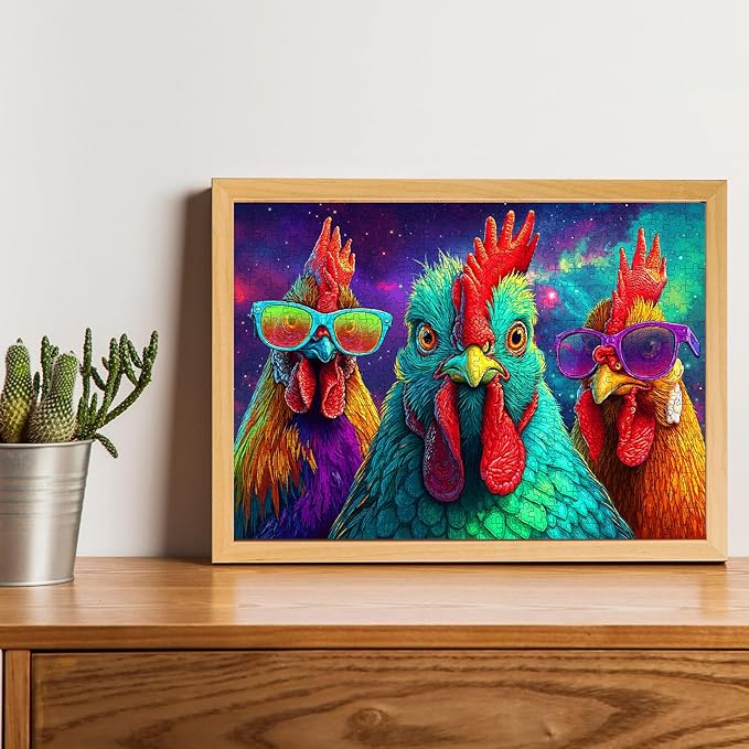 Funny Chicken Puzzles for Adults 500 Pieces - Abstract Chicken Jigsaw Puzzle, Colorful Roosters Puzzles with Letters on Back, Challenging Hard Difficult Animal Puzzles as Thanksgiving Home Decor