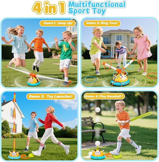 4 in 1 Musical Jump Toy, Toss Ring & Baseball Game, Indoor Outdoor Toys for Kids 4-8, Inside Outside Family Sports Games for Ages 3-7, Ideal Birthday, Party Favor Gifts for Boys Girls Ages 3 4 5 6 7 8