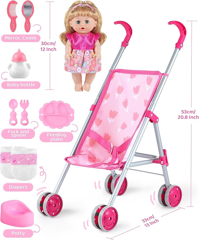 GAGAKU Baby Doll Stroller Playset with 12-inch Doll & Accessories, Foldable Lightweight Toy Stroller for Toddler Girls Kids Ages 1-6, 12" Baby Doll and Accessories Included - Tulip Pattern