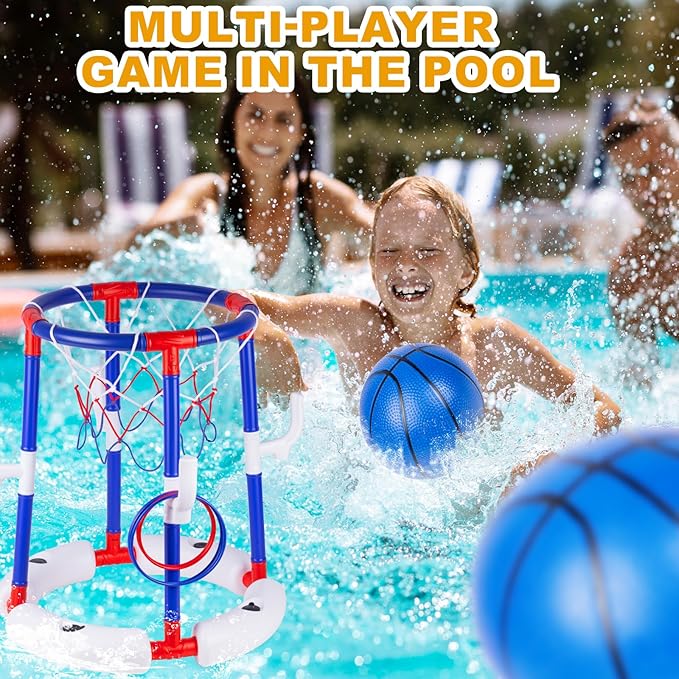 Taotuo Blue Floating Pool Basketball Hoop, 2-in-1 Basketball & Ring Toss Game with 4 Balls, 6 Rings&Pump, Summer Pool Toys Outdoor Water Fun Family Party for Age 3-12