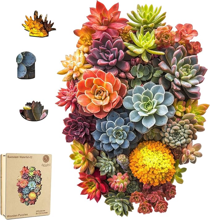 Delobi Succulent Waterfall Wooden Puzzles, 200 Pieces Jigsaw Puzzles 12.6'' x 9'', Unique Design Wooden Puzzles for Adults and Kids, Family Game Gift