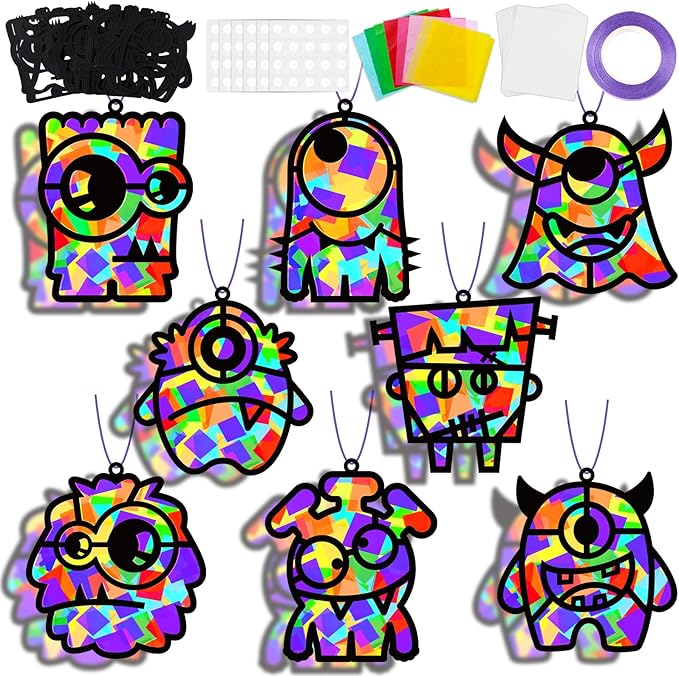 32 Sets Halloween Monster Suncatchers Craft Kit DIY Window Stained Glass Effect Halloween Monster Paper Crafts Home School Classroom Decoration Kid Birthday Gift Creative Art Project Activity Game