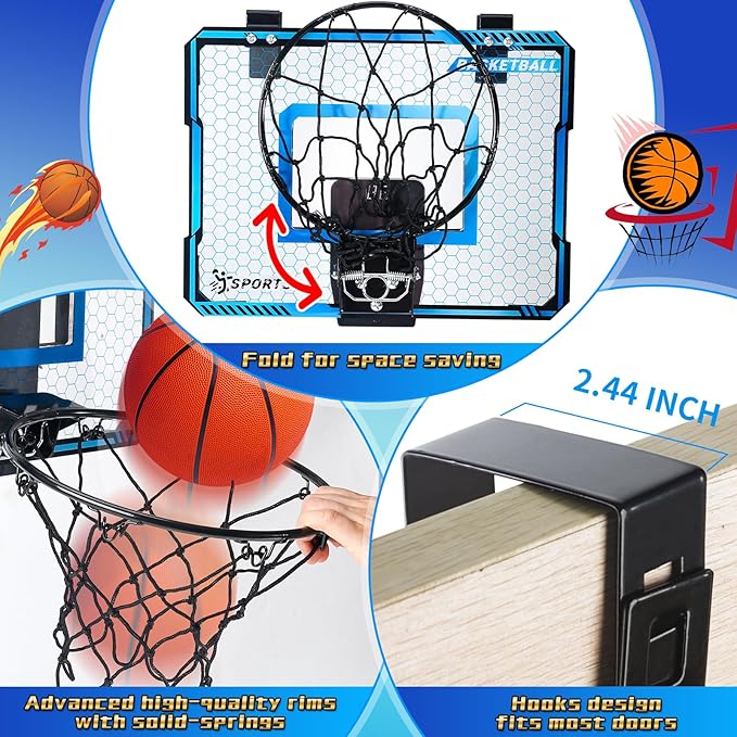 Adjustable Height Basketball Hoop Indoor with LED Lights, Basketball Toys Gifts for 5 6 7 8 9 10+ Year Old Boys Kids, Indoor Over The Door Mini Basketball Hoops with Electronic Scoreboard & 3 Balls