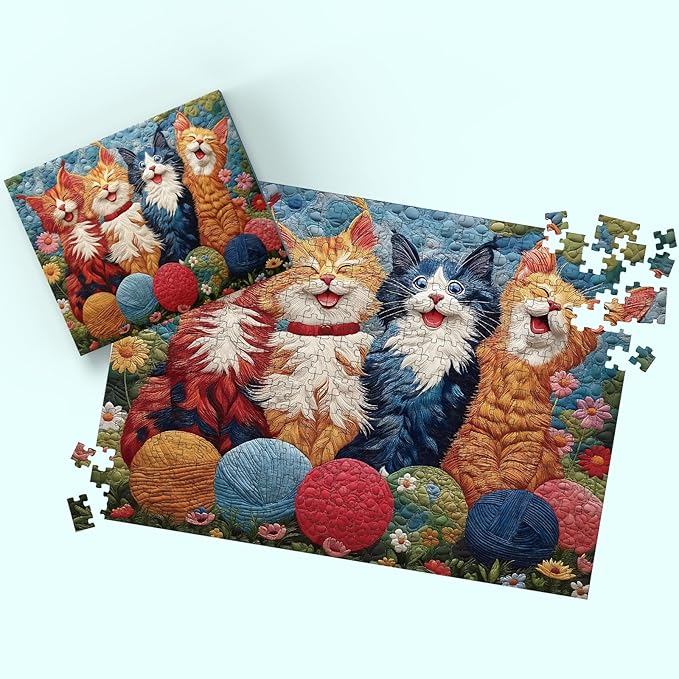 Puzzles for Adults 500 Pieces - Joyful Cat, Quilted Patchwork Artwork Style, Impossible Cat Jigsaw Puzzles, Finished Size 20.47 * 14.96”, with 1:1 Poster, Letter on The Back